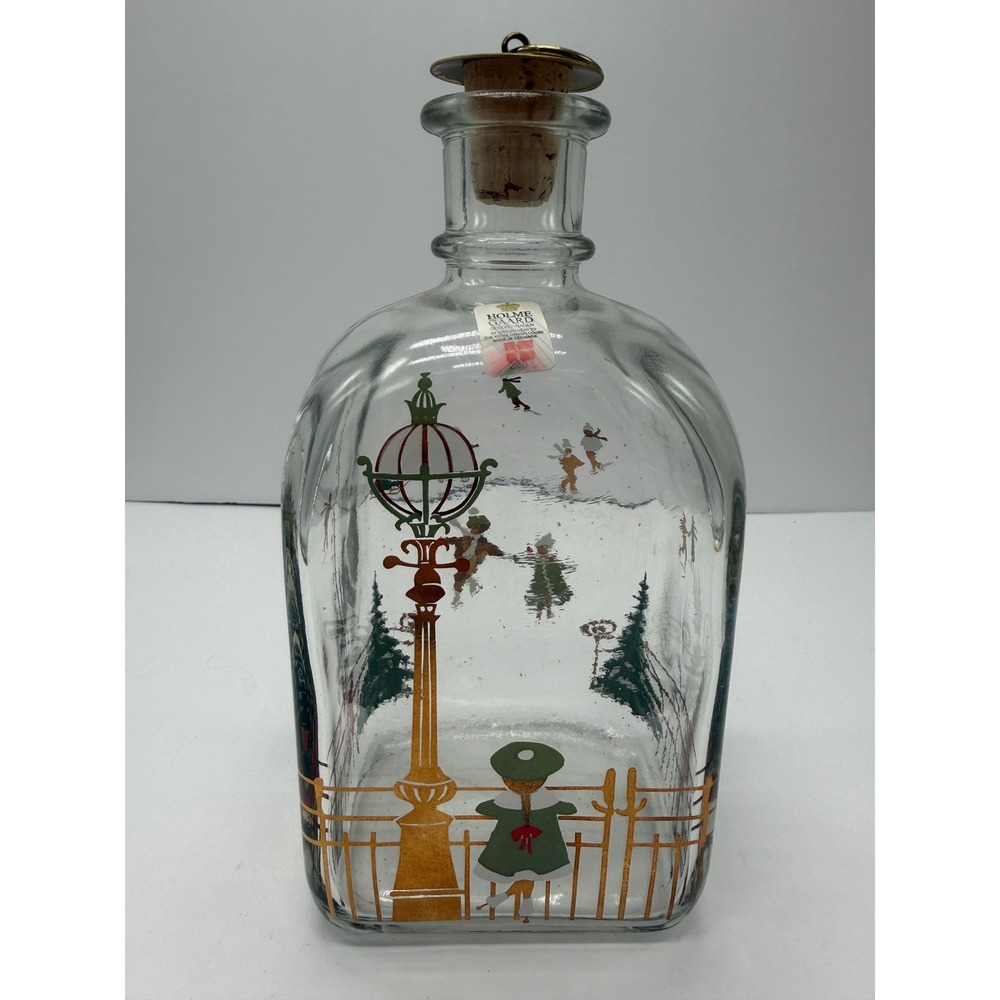 Holmegaard Christmas Decanter 1980s Danish Glass Ice Skating Scene Brass Stopper